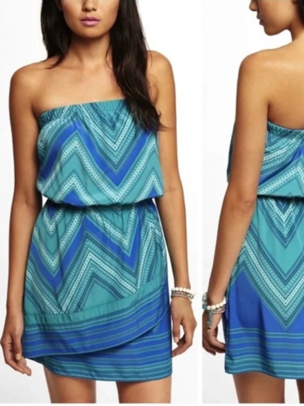Express Blue Green Chevron Print Dress Boho Summer Adjustable Strap Small